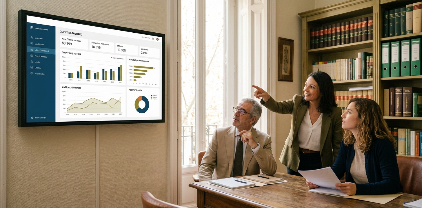 abogados mirando las gráficas que representan un aumento de clientes por invertir en posicionamiento web SEO