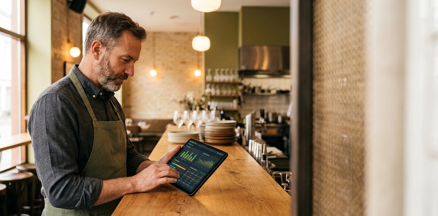Propietario de restaurante viendo en tablet las métricas SEO que han conseguido aumentar las reservas de mesas